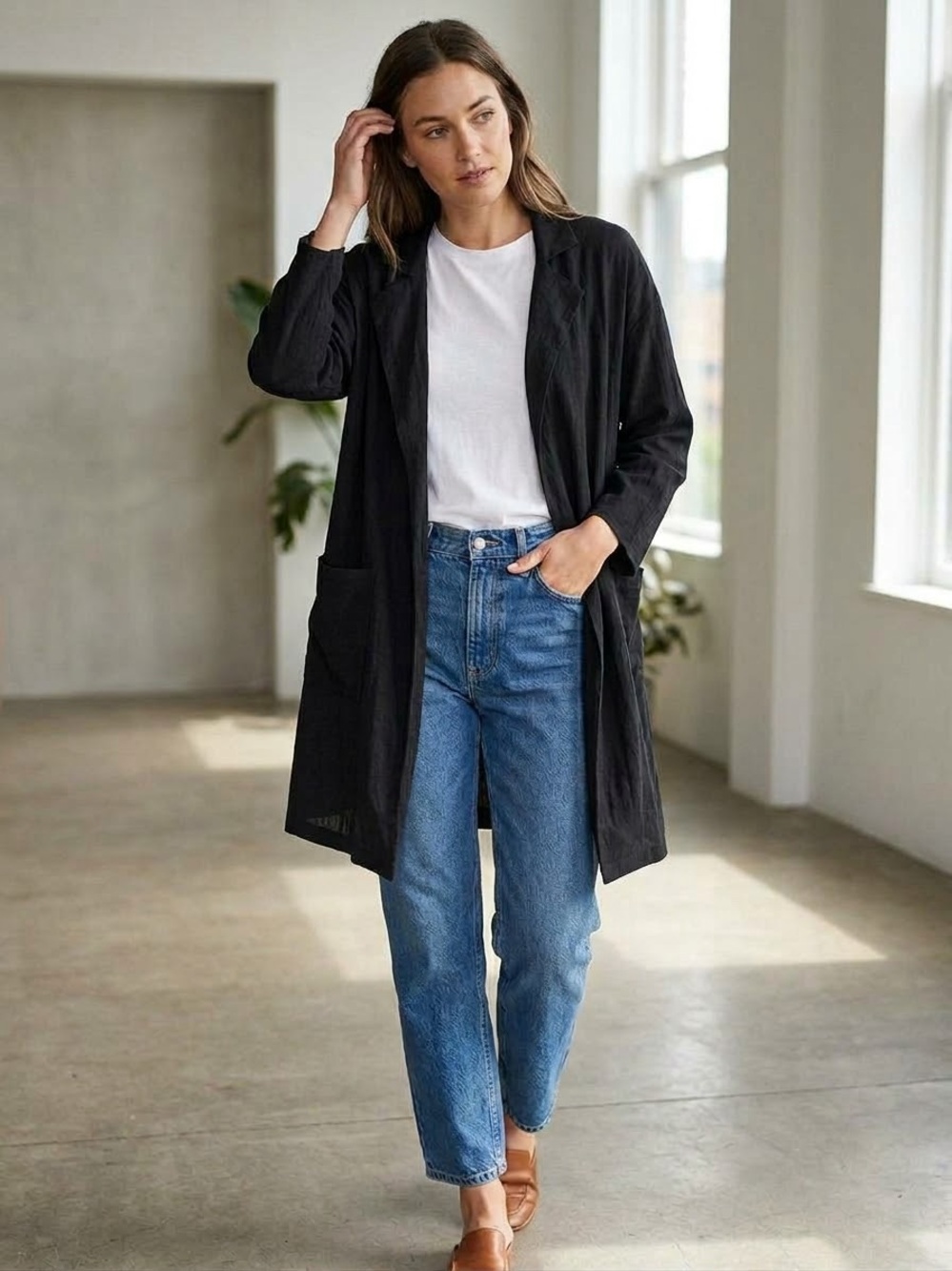 MOD REF Minimalist Black Cotton Linen Blend Duster Cardigan